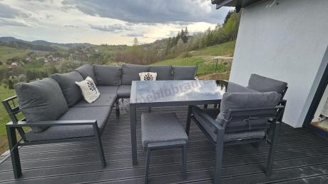 Komplet mebli ogrodowych z narożnikiem i wysokim stołem 160cm, fotelami i pufami Sodor Corner XL - Dark Grey