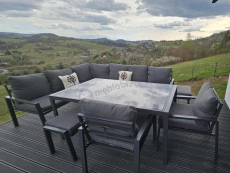 Komplet mebli ogrodowych z narożnikiem i wysokim stołem 160cm, fotelami i pufami Sodor Corner XL - Dark Grey