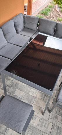 Komplet mebli ogrodowych z narożnikiem i wysokim stołem 160cm, fotelami i pufami Sodor Corner XL - Dark Grey