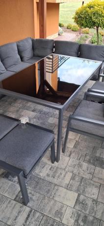 Komplet mebli ogrodowych z narożnikiem i wysokim stołem 160cm, fotelami i pufami Sodor Corner XL - Dark Grey