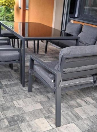 Komplet mebli ogrodowych z narożnikiem i wysokim stołem 160cm, fotelami i pufami Sodor Corner XL - Dark Grey