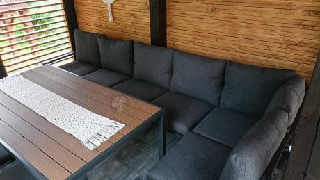 Komplet mebli ogrodowych z narożnikiem i wysokim stołem 160cm, fotelami i pufami Sodor Corner XL - Dark Grey Polywood