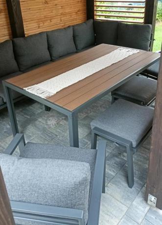 Komplet mebli ogrodowych z narożnikiem i wysokim stołem 160cm, fotelami i pufami Sodor Corner XL - Dark Grey Polywood
