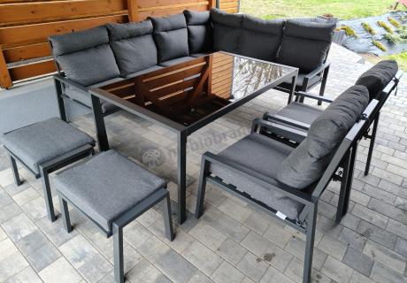 Komplet mebli ogrodowych z narożnikiem z wysokim oparciem i wysokim stołem 160cm, fotelami i pufami Doros Corner XL -