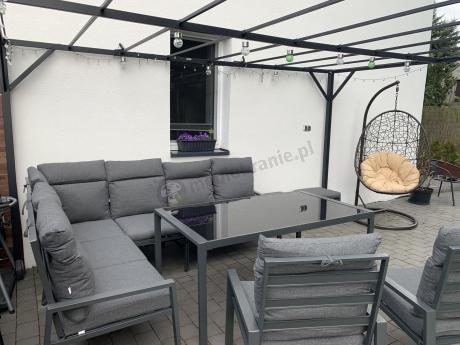Komplet mebli ogrodowych z narożnikiem z wysokim oparciem i wysokim stołem 160cm, fotelami i pufami Doros Corner XL -