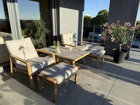 Komplet mebli ogrodowych z sofą, regulowanymi fotelami i pufami - drewniany - Tavaro Dining Plus Wood