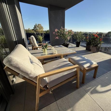 Komplet mebli ogrodowych z sofą, regulowanymi fotelami i pufami - drewniany - Tavaro Dining Plus Wood