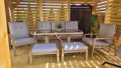 Komplet mebli ogrodowych z sofą, regulowanymi fotelami i pufami - drewniany - Tavaro Dining Plus Wood