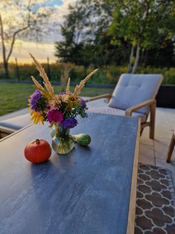 Komplet mebli ogrodowych z sofą, regulowanymi fotelami i pufami - drewniany - Tavaro Dining Plus Wood