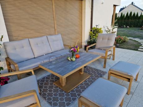 Komplet mebli ogrodowych z sofą, regulowanymi fotelami i pufami - drewniany - Tavaro Dining Plus Wood