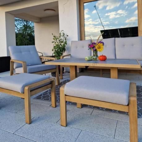 Komplet mebli ogrodowych z sofą, regulowanymi fotelami i pufami - drewniany - Tavaro Dining Plus Wood