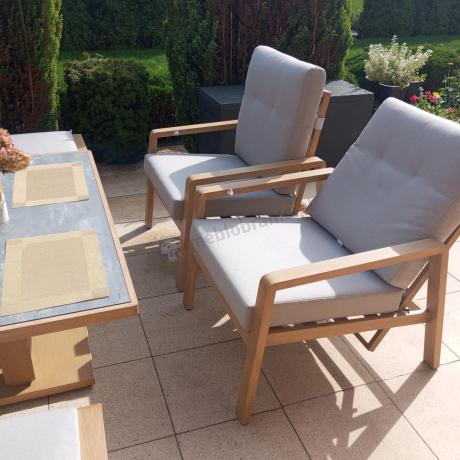 Komplet mebli ogrodowych z sofą, regulowanymi fotelami i pufami - drewniany - Tavaro Dining Plus Wood