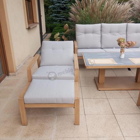 Komplet mebli ogrodowych z sofą, regulowanymi fotelami i pufami - drewniany - Tavaro Dining Plus Wood