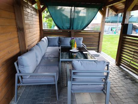 Komplet mebli tarasowych dla 10 osób - narożnik, fotel i pufy - Sodor Corner XXL - Silver