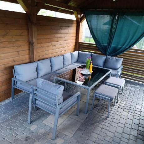 Komplet mebli tarasowych dla 10 osób - narożnik, fotel i pufy - Sodor Corner XXL - Silver