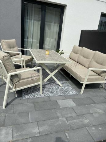 Komplet mebli tarasowych dla 5 osób z sofą 190cm - Elke Dining - White