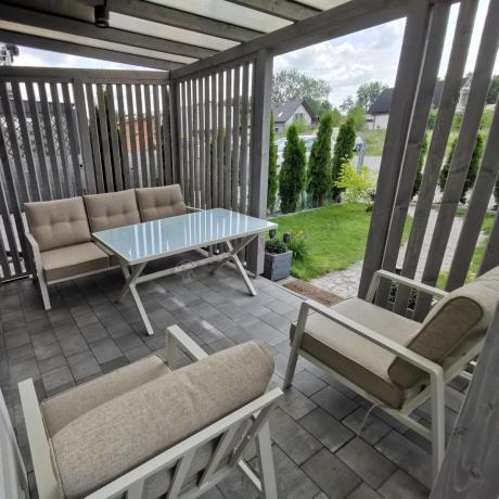 Komplet mebli tarasowych dla 5 osób z sofą 190cm - Elke Dining - White