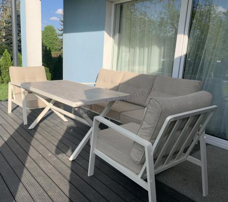 Komplet mebli tarasowych dla 5 osób z sofą 190cm - Elke Dining - White