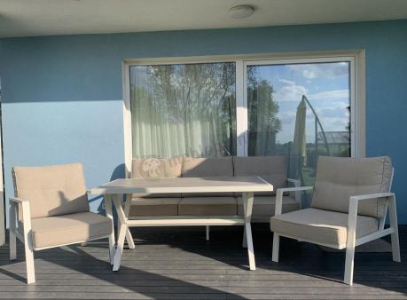 Komplet mebli tarasowych dla 5 osób z sofą 190cm - Elke Dining - White