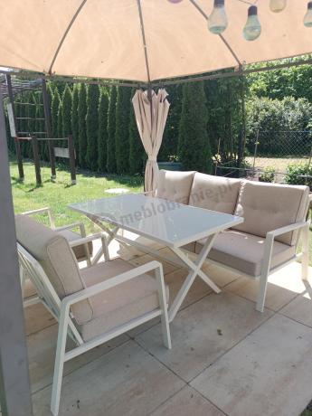 Komplet mebli tarasowych dla 5 osób z sofą 190cm - Elke Dining - White