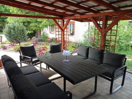 Komplet mebli tarasowych dla 8 osób - 2 sofy, 2 fotele i wysoki stół 160cm - Panaon Grande DG