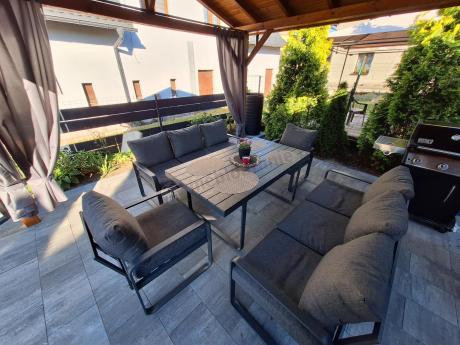 Komplet mebli tarasowych dla 8 osób - 2 sofy, 2 fotele i wysoki stół 160cm - Panaon Grande DG