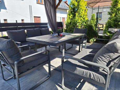 Komplet mebli tarasowych dla 8 osób - 2 sofy, 2 fotele i wysoki stół 160cm - Panaon Grande DG