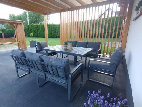 Komplet mebli tarasowych dla 8 osób - 2 sofy, 2 fotele i wysoki stół 160cm - Panaon Grande DG