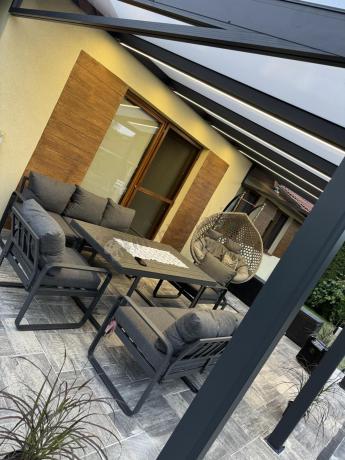 Komplet mebli tarasowych dla 8 osób - 2 sofy, 2 fotele i wysoki stół 160cm - Panaon Grande DG