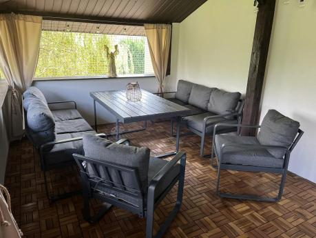 Komplet mebli tarasowych dla 8 osób - 2 sofy, 2 fotele i wysoki stół 160cm - Panaon Grande DG