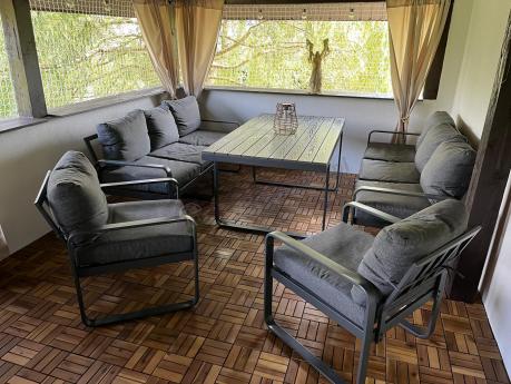 Komplet mebli tarasowych dla 8 osób - 2 sofy, 2 fotele i wysoki stół 160cm - Panaon Grande DG