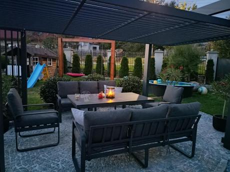 Komplet mebli tarasowych dla 8 osób - 2 sofy, 2 fotele i wysoki stół 160cm - Panaon Grande DG