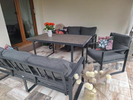 Komplet mebli tarasowych dla 8 osób - 2 sofy, 2 fotele i wysoki stół ceramiczny 160cm - Panaon Grande Elite DG