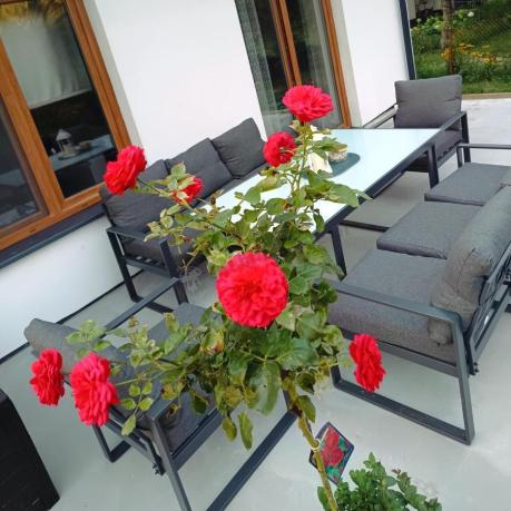 Komplet mebli tarasowych dla 8 osób - 2 sofy, 2 fotele i wysoki stół ceramiczny 160cm - Panaon Grande Elite DG