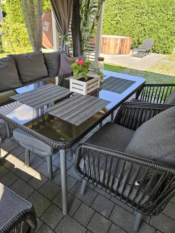 Komplet mebli tarasowych z narożnikiem, fotelami i pufami Postigo Corner XXL Dark Grey