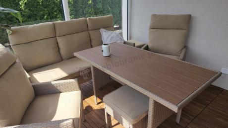 Komplet mebli technorattan dla 7 osób ze stołem polywood Lirata Dining Natural