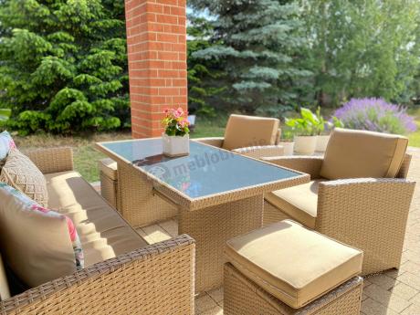 Komplet mebli z sofą i wysokim stołm technorattan Cofete Dining – Natural