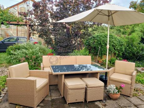 Komplet mebli z sofą i wysokim stołm technorattan Cofete Dining – Natural