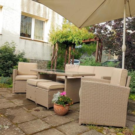 Komplet mebli z sofą i wysokim stołm technorattan Cofete Dining – Natural