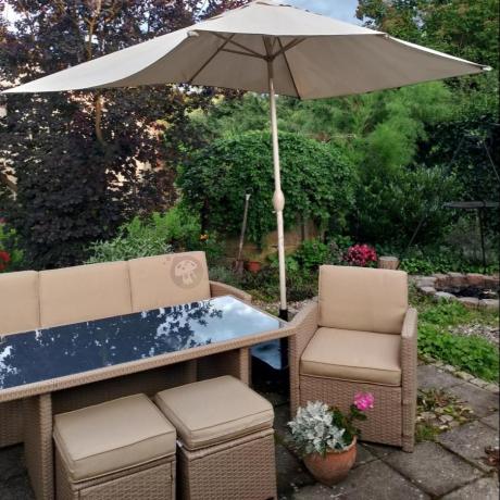 Komplet mebli z sofą i wysokim stołm technorattan Cofete Dining – Natural