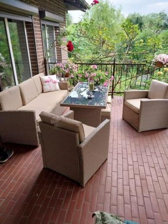 Komplet mebli z sofą i wysokim stołm technorattan Cofete Dining – Natural