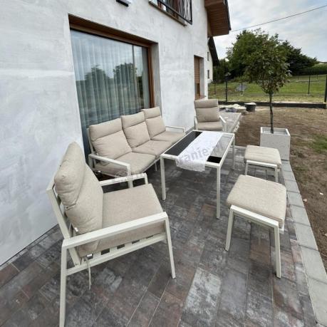 Komplet ogrodowy metalowy wysokie oparcia z sofą 175cm, fotelami i pufami - Doros Max + pufy - Cream