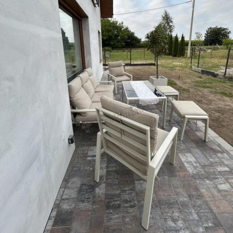 Komplet ogrodowy metalowy wysokie oparcia z sofą 175cm, fotelami i pufami - Doros Max + pufy - Cream