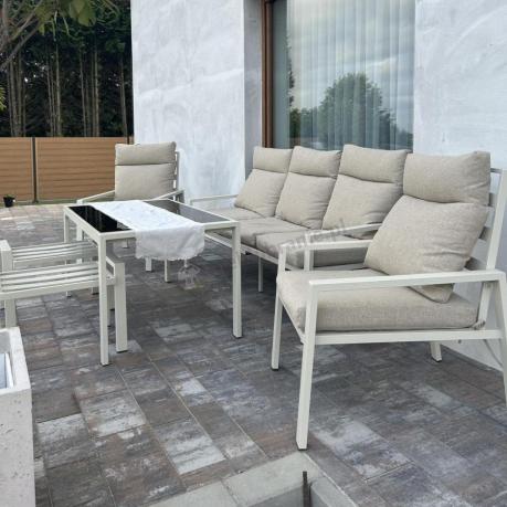Komplet ogrodowy metalowy wysokie oparcia z sofą 175cm, fotelami i pufami - Doros Max + pufy - Cream