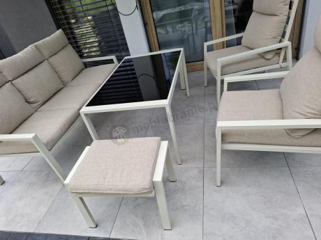 Komplet ogrodowy metalowy wysokie oparcia z sofą 175cm, fotelami i pufami - Doros Max + pufy - Cream