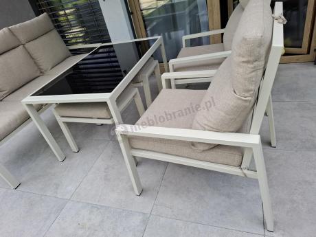 Komplet ogrodowy metalowy wysokie oparcia z sofą 175cm, fotelami i pufami - Doros Max + pufy - Cream