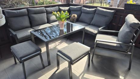 Komplet ogrodowy metalowy z narożnikiem, fotelem i pufami - Doros Corner XL - Dark Grey