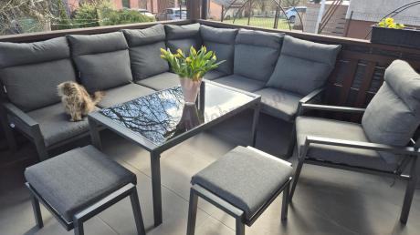 Komplet ogrodowy metalowy z narożnikiem, fotelem i pufami - Doros Corner XL - Dark Grey