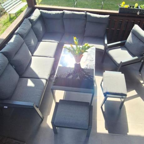 Komplet ogrodowy metalowy z narożnikiem, fotelem i pufami - Doros Corner XL - Dark Grey