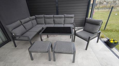 Komplet ogrodowy metalowy z narożnikiem, fotelem i pufami - Doros Corner XL - Dark Grey
